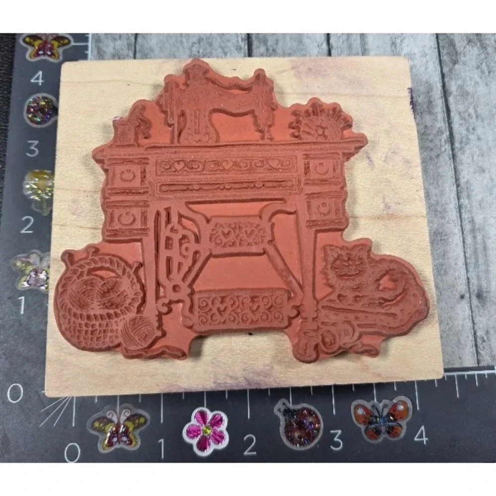 PSX Designs Antique Sewing Machine Cat Basket K1463 Rubber Stamp Wood #B2